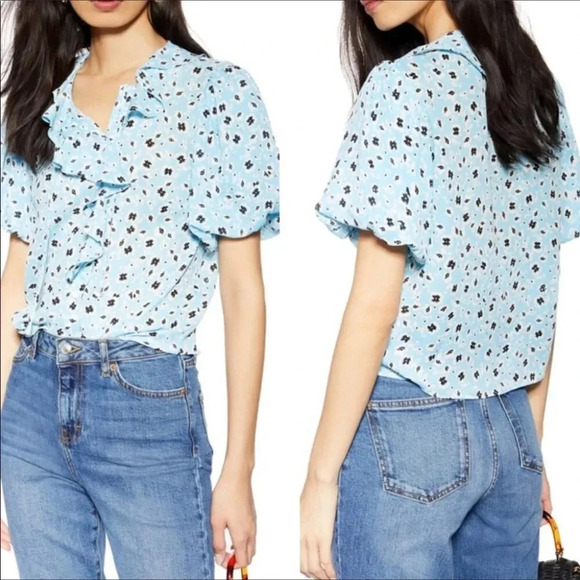 TopShop Blue Ruffle Floral Tea Top Blouse 6 Flower - Picture 1 of 6